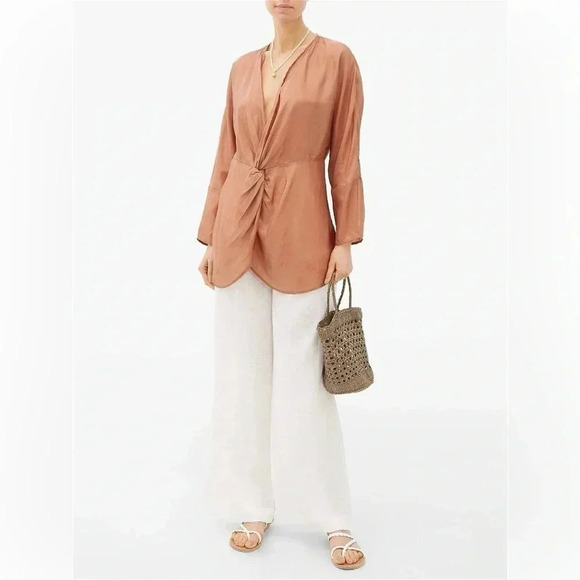 MES DEMOISELLES Blush BrownTwilight Gathered 100% Silk Satin Blouse Size 8 US M - Picture 7 of 8